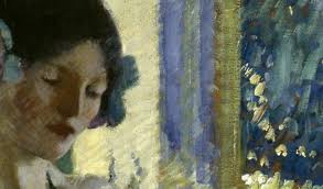 Frederick Carl Frieseke: Girl in Blue Arranging Flowers (c.1915)