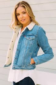 Levi S Sherpa Trucker Jacket In Divided Blue Lite Sherpa Lined Denim Jacket Jacket Outfit Women Trucker Jacket Women