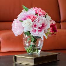 Still life with a bunch of flower. Realistic Artificial Flowers Pink Faux Silk Cabbage Roses Arrangement In Vase Floral Decor Flowers