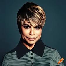 Paula Abdul in a polo shirt with short hair and growing mustache