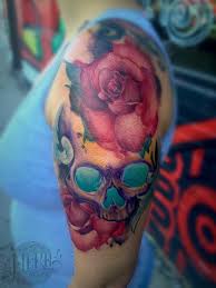 Watercolor Influenced Roses And Skull Watercolor Rose Roses Color Color Tattoo Bright Femini Feminine Skull Tattoos Rose Tattoo Sleeve Watercolor Tattoo Sleeve
