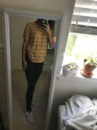 Black And White Checkered Vans With Black Stripe Untitled Outfits With Striped Shirts Striped Tshirt Outfit Yellow Shirt Outfit