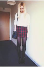 Black And White Plaid Skirt Outfit Fluffy White Jumper Red Tartan Skirt Black Tights Ankle Boots Red Skirt Outfits Tartan Skirt Outfit Winter Skirt Outfit
