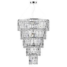| / a very lovely modern suspended ceiling light, shown here with a gold frame, adorned with individual pieces of rock crystal and faceted crystal. Dar Lighting Escala Six Light Tiered Crystal Glass Pendant Fitting Style From Dusk Lighting Uk