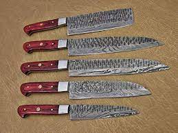 Forged and hand crafted full tang knives; 5 Pieces Damascus Steel Hammered Kitchen Knife Set 2 Tone Wine Wood S Damascus Depot Inc