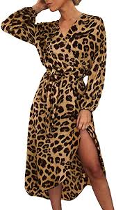 Buy elegant, long dresses in exclusive colors, designs and styles. Amazon Com Gergeos Fashion Maxi Dress Women V Neck Long Sleeve Leopard Print Split Lace Up Long Dress Clothing