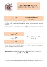 Autres dates importantes � noter : Les Dates De La Rentree 2015 Au College Cite Scolaire Bertran De Born