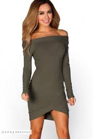 Lourdes Olive Green Ribbed Off Shoulder Long Sleeve Bodycon Dress Long Sleeve Bodycon Dress Long Sleeve Bodycon Dresses