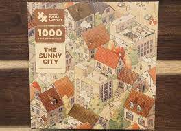 Abstract painting wooden 1000 piece jigsaw puzzle toy for adults and kids. The Magic Puzzle Company The Sunny City Review Room Escape Artist
