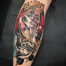 小腿oldschool女王玫瑰纹身图案-成都纹彩刺青