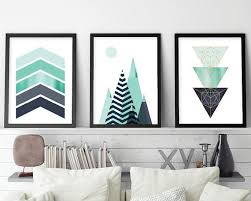 Downloadable Set Of 3 Scandinavian Geometric Tryptic Wall Art Prints Printable Wall Home Decor Trio Mountain Poster Navy Turquoise Teal Aqua Handmade Home Decor Tryptic Wall Art Turquoise Room