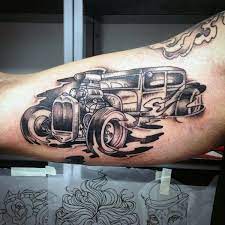 Rugged cars are man's number one love, so it makes sense for gentlemen to acquire the benevolent veneer of a hot rod emblem. 70 Hot Rod Tattoo Designs For Men Automobile Aficionado Ideas