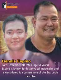 ➡️Dennis Espino is a Filipino retired professional basketball player in the  Philippine Basketball Association. He was drafted first overall by Sta.  Lucia in 1995 PBA draft. ➡️Espino is known for his physical