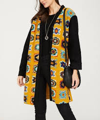 Ornella Paris Mustard Granny Square Contrast Sleeve Wool Blend Coat