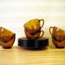Vintage Small Brown Glass Tea Cups And Saucers Set Of 6 Glass Tea Set Glass Tea Cups Glass Tea