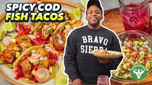 Mix the shallots, avocado, cucumber, vegetable oil and parsley with the remaining lime juice. Recipe Quickie Spicy Cod Fish Tacos Mediterranean Diet Youtube