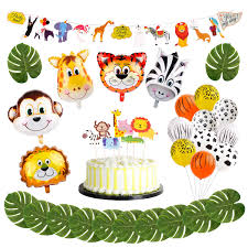 Jungle safari theme party decorations 175pcs：130 latex balloons,24 green palm leaves, 16 feets arch balloon strip tape, 2 balloon tying tools, 1 air pump safri party supplies and favors for kids boys birthday baby shower decor. Partycool 29pcs Jungle Theme Party Decorations Animal Head Balloons Latex Print Balloon Safari Banner For Jungle Party Decor Buy Jungle Animals Jungle Safari Theme Party Decorations Party Decor Product On Alibaba Com