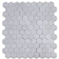 The soft reflection of the white tile bounces the light back making the kitchen bright and airy. Generic Stone Center Online Carrara White Marble 4 Inch Hexagon Mosaic Tile Honed For Kitchen Backsplash Bathroom Flooring Shower Surro
