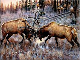 Elk And Deer Art The Battle Tile Mural Wildlife Art Deer Art Wildlife Paintings