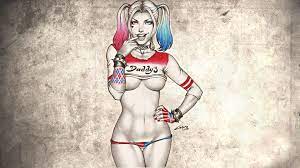 Harley Quinn, big boobs, the gap, DC Comics, twintails, collar, tattoo,  panties down | 1920x1080 Wallpaper - wallhaven.cc