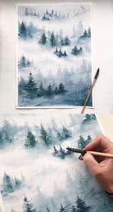 Nature artwork image watercolor vector winter forest landscape with fir trees. Watercolor Painting Foggy Forest Watercolour Aquarelle Winter Landscape Forest Watercolor Watercolor Winter Landscape Watercolor Paintings