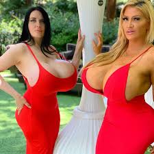 Massive Boobed Milfs in Tight red Dress posing outside