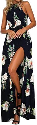 Maybe you would like to learn more about one of these? Zesica Women S Halter Neck Floral Print Backless Split Beach Party Maxi Dress At Amazon Women S Clothing Store