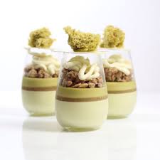 Pistachio Mousse White Peach Gelee Pistachio Cremeux Streusel Mascarpone Cheese Cream Pistachio Sponge V Mousse Recipes Sweet Recipes Individual Desserts