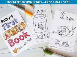 This alphabet book is wordless and so you get to identify on each page how the next letter has been added. Abc Book Baby Shower Activity Personalized Alphabet Coloring Etsy Alphabet Coloring Pages Baby Shower Book Abc Printables