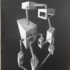 Black And White Objects Art White Prismacolor On Black Paper Connected Objects In 2 Or 3 Point Perspective Art Lesson Plans Perspective Art Black Paper Drawing