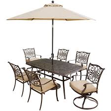Hanover Traditions 7 Piece Outdoor Patio Dining Set And 2 Swivel Chairs Umbrella And Base With Patio Furniture Sets Outdoor Dining Set Patio Set With Umbrella