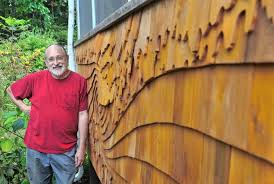 My art page, showcasing outdoor cedar shingle installations and framed wood images. Art Maker Lou Conover Shingle Tile Designer