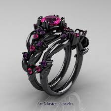 Black And Purple Promise Rings Nature Classic 14k Black Gold 1 0 Ct Pink Sapphire Amethyst Leaf And Vine Engagement Ring Black Gold Ring Black Gold Jewelry Engagement Rings Wedding Bands Set