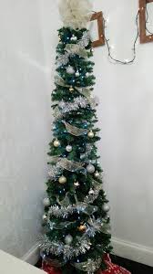 Pencil Christmas Tree With Gold And Silver Decorations Ribbon Decoration And Ribbo Ribbon On Christmas Tree Christmas Tree Topper Ribbon Pencil Christmas Tree