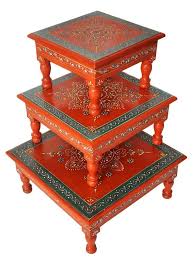Wooden Table Chowki Bajot Nested Style Orange Handmade 3 Table Pairs Hnd01075 Bajot Orange Handmade Wooden Footstool