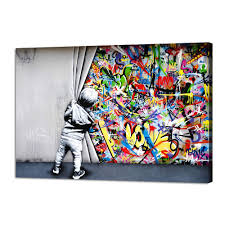 Seeqoco banksy canvas wall art black red wall picture graffiti street art canvas wall inspirational quote canvas prints home decoration framed pictures for living room office wall decor 12x16 inch. Yatsen Bridge Classic Street Art Banksy Graffiti Wall Art Behind The Curtain Posters Canvas Paintings Colorful Graffiti Pictures Prints Stretched And Framed For Living Room Home Decor 36 W X 24 H Buy Online In