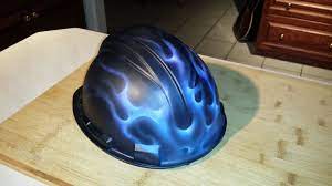 Custom Painted Blue Flames For A Client S Hard Hat Hard Hat Art Custom Paint Hat Art