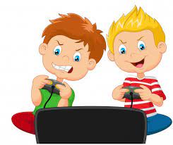 Este dispositivo electrónico, conocido genéricamente como «plataforma». Ninos Jugando Videojuegos Vector Premium