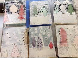 Mrs Knight S Smartest Artists Snowy Evergreen Collographs In 2021 Kindergarten Art Art Classroom Elementary Art
