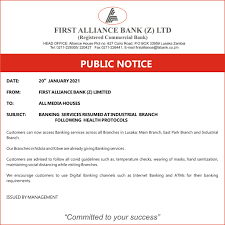 Customers can open an account at one of its 4 branches. First Alliance Bank Zambia Facebook