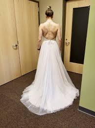 Sheath gown, halter neckline, chiffon, cocktail train. Moonlight Tango Full A Line Halter Size 10 New Wedding Dress Nearly Newlywed