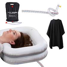 Headrest integrated inflatable for safe support of the head and shoulders. Portable Shampoo Bowl With 59 Hose 5 Gal Bedside Sprayer Waterproof Cape Inflatable Hair Wash Tub In Bed For Bedridden Patient Elderly Mobility At Home Or Sickbed Easily Blow Up Washing Basin