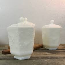 Kingrol 12 pack glass milk bottles, 11 oz vintage drinking jar bottles, reusable dairy bottles with 12 straws, 12 white metal lids & 12 yellow lids with hole 4.5 out of 5 stars 214 $21.99 $ 21. Vintage White Milk Glass Canister Hexagon Shape W Lid Colony Etsy White Milk Glass Milk Glass Glass Canisters