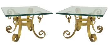 Modern round glass mirror top side end table made of iron w/geometric pattern. American Mid Century Gilt Iron And Glass Side Tables 1