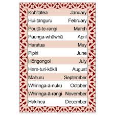 Maori English Months Of The Year Chart