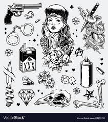 Edgy Black And White Tattoo Flash Set Download A Free Preview Or High Quality Adobe Illustrator Ai Eps Pdf In 2020 Gangster Tattoos Black White Tattoos Gang Tattoos
