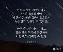 활명수 - 일상에 활력을 불어넣어 주는 명언 수첩 - 아무리 약한 사람이라도 단 하나의 목적에 자신의 온 힘을 집중시킴으로써 무엇인가  성취할 수 있지만, 아무리 강한 사람이라도 힘을 많은 목적에 분산하면 어떤 것도