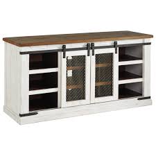 Add a rustic and functional touch to youradd a rustic and functional touch to your home with a natural bark edged serving tray showcasing an organic look and feel. Signature Design By Ashley Wystfield 60 Rustic Large Tv Stand With Sliding Barn Doors Royal Furniture Tv Stands