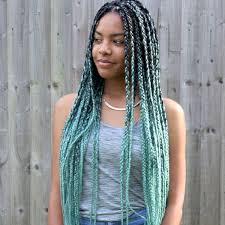 Black And Blue Box Braids On Dark Skin Catface Hair Mint Green Ombre Jumbo Braiding Hair Hair Styles Braid In Hair Extensions Curly Hair Styles