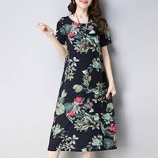 Find More Dresses Information About Fashion Women Cotton Linen Dress Floral Printed Round Neck Short Sl Cotton Linen Dresses Midi Dress Summer Midi Shift Dress